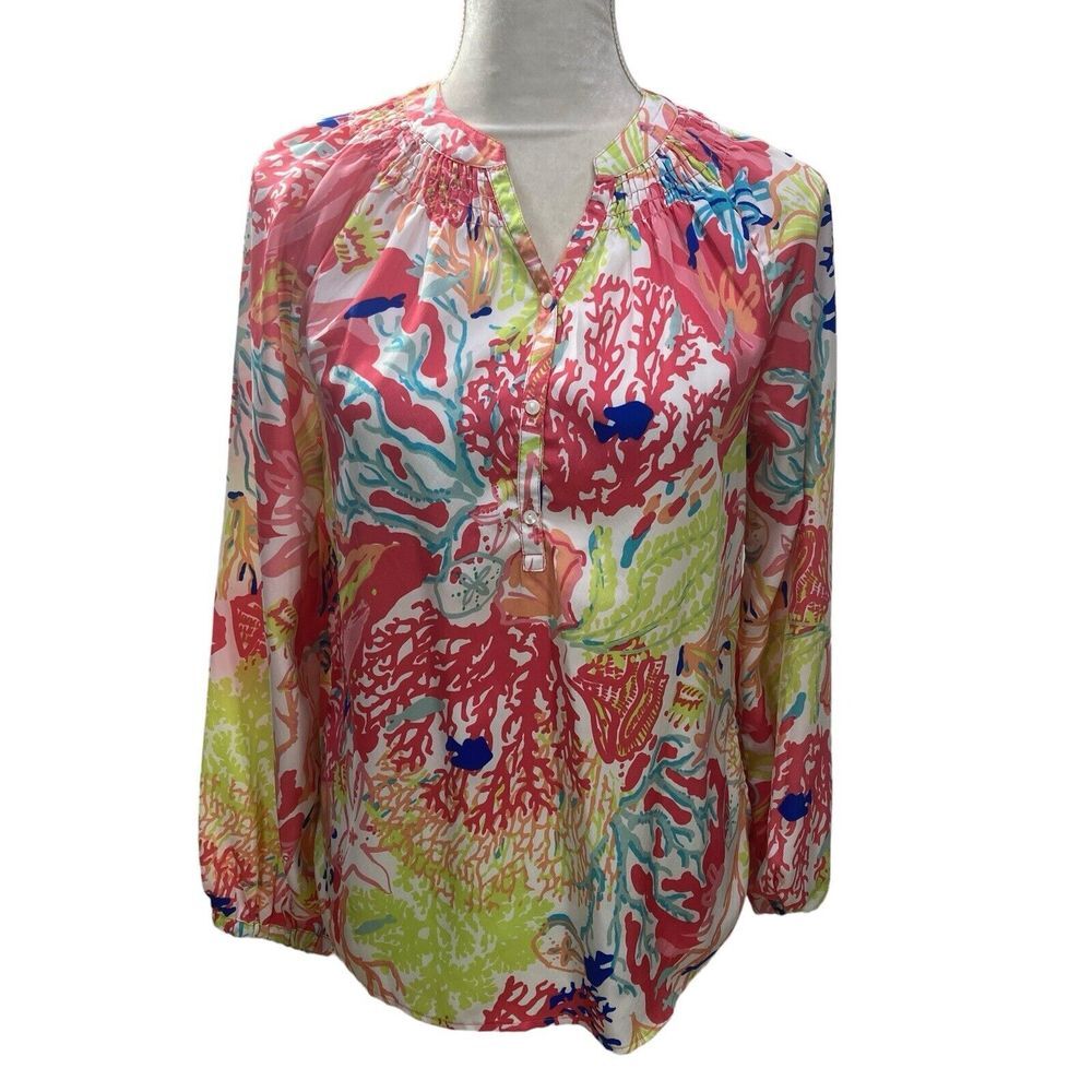 Charlie Paige S Pullover Blouse Bright Coral Floral Long Sleeve Top Shirt Womans